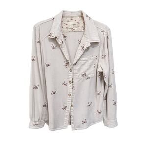 Umgee Linen Blend Embroidered Button Down Shirt L Oatmeal Boho Cottagecore Top